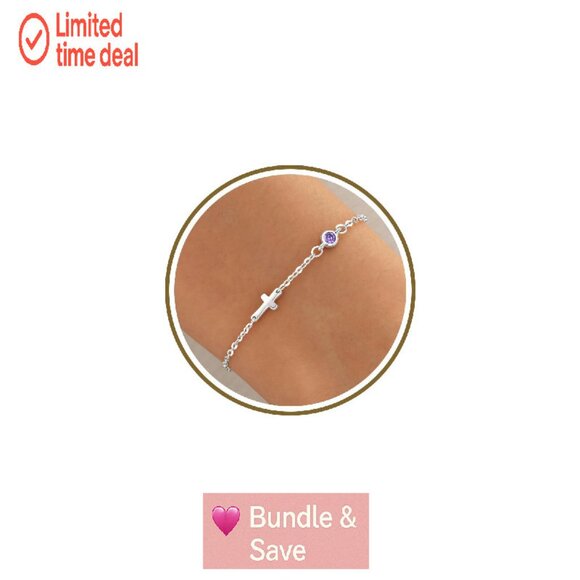 Adjustable Link Bracelet with Birthstone Cross Charm Stainless Steel - Picture 1 of 8